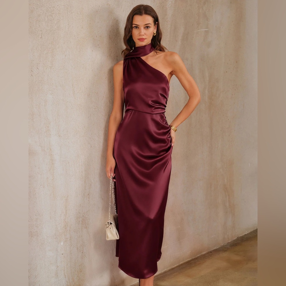 Wine Red Satin One Shoulder Maxi Dress